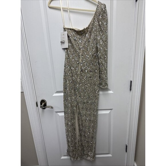 Mac Duggal Size 8 Beige  5479 Embellished Sequin One Shoulder Evening Dress Gown - Picture 9 of 14